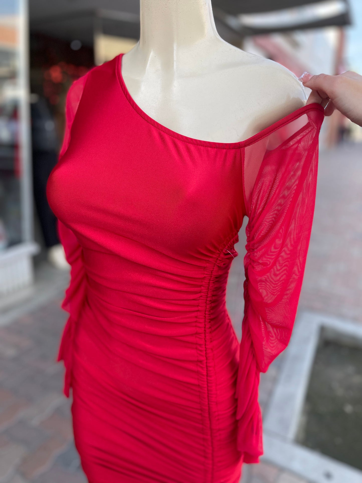 #G-505 One Shoulder Long Sleeve Mini Dress red