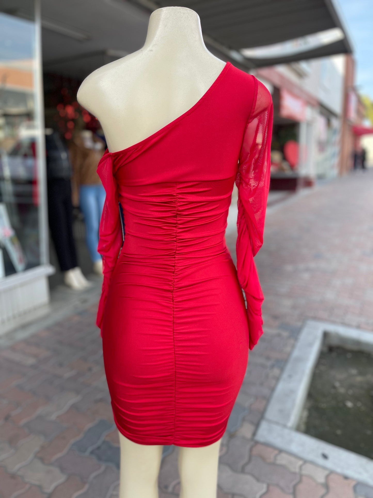 #G-505 One Shoulder Long Sleeve Mini Dress red