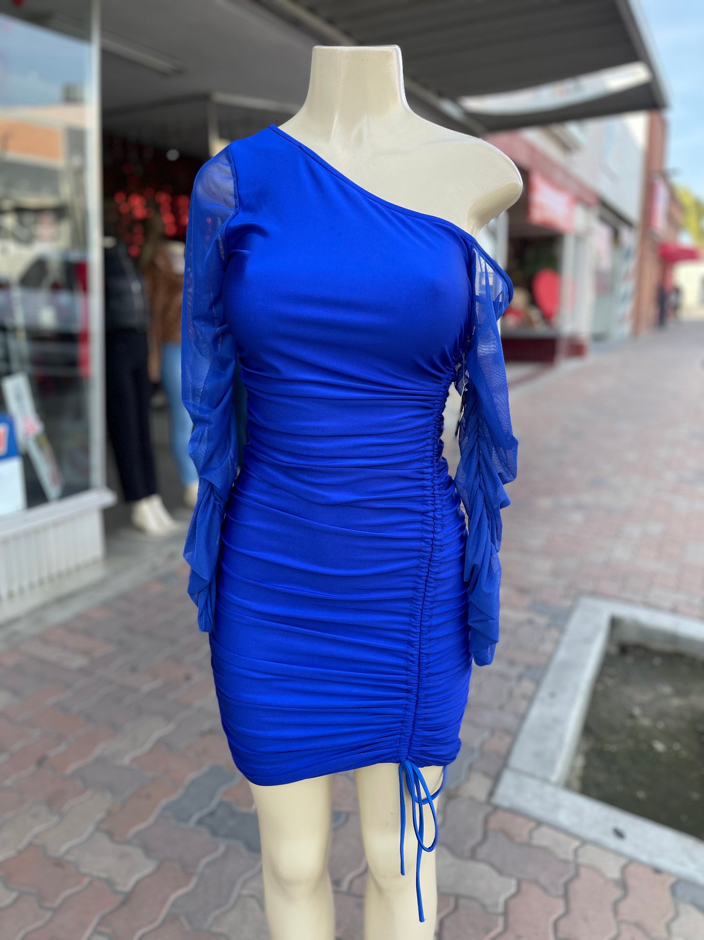 #G-505 One Shoulder Long Sleeve Mini Dress Royal Blue