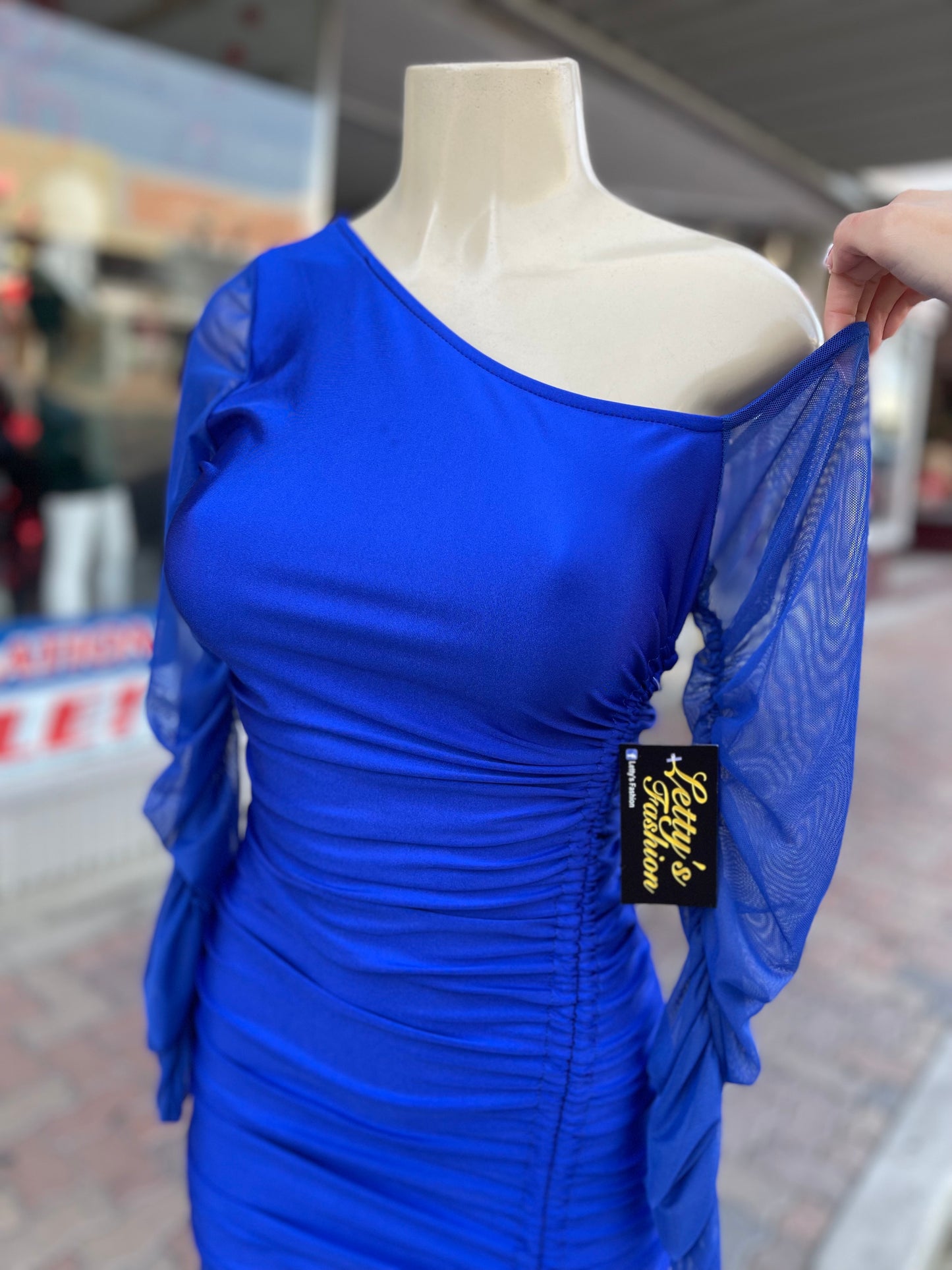 #G-505 One Shoulder Long Sleeve Mini Dress Royal Blue