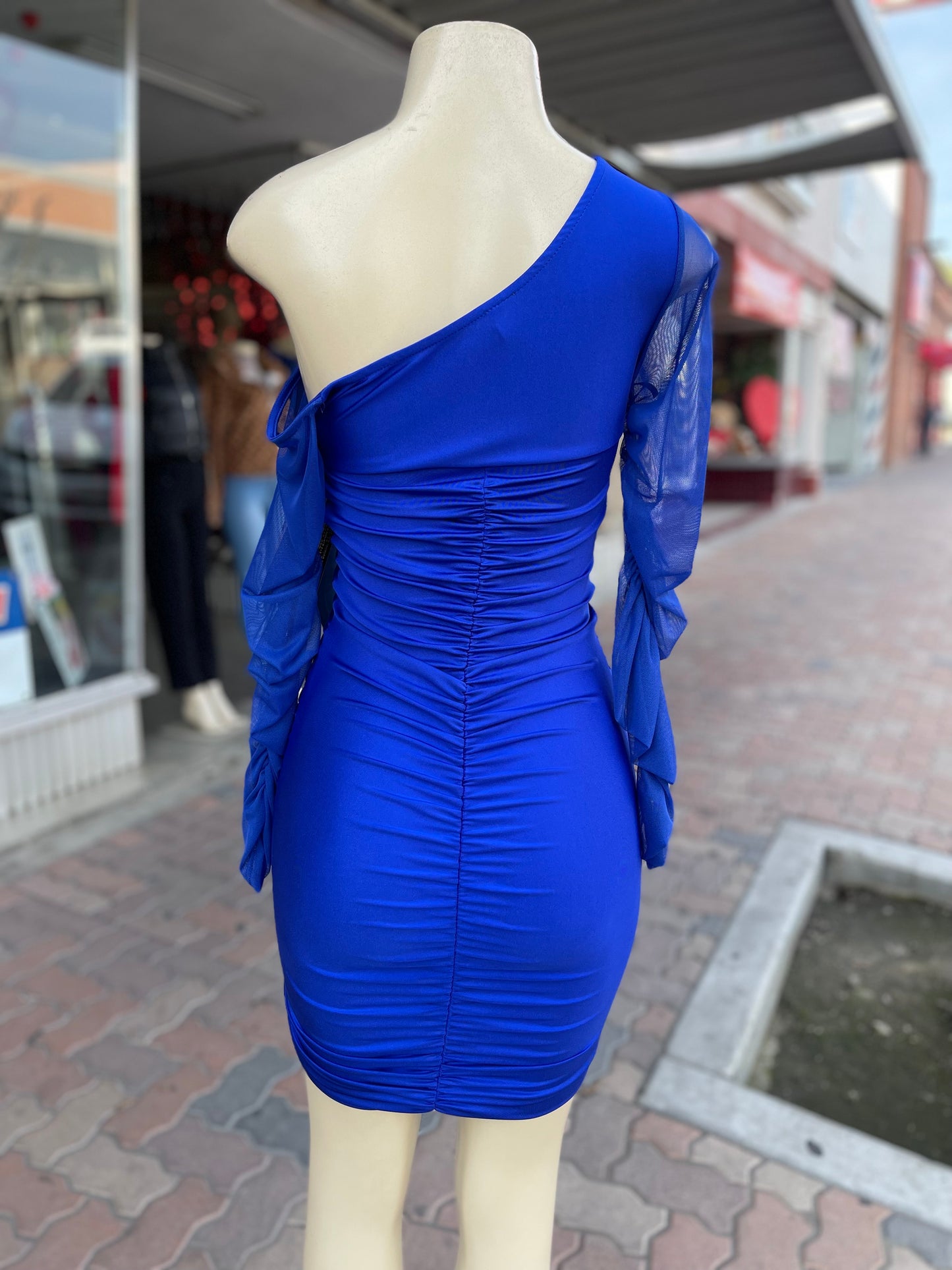 #G-505 One Shoulder Long Sleeve Mini Dress Royal Blue