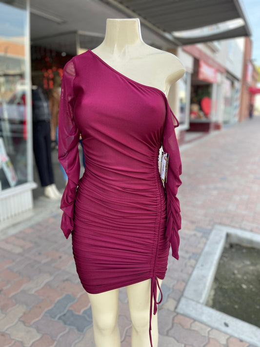 #G-505 One Shoulder long Sleeve Mini Dress Burgundy