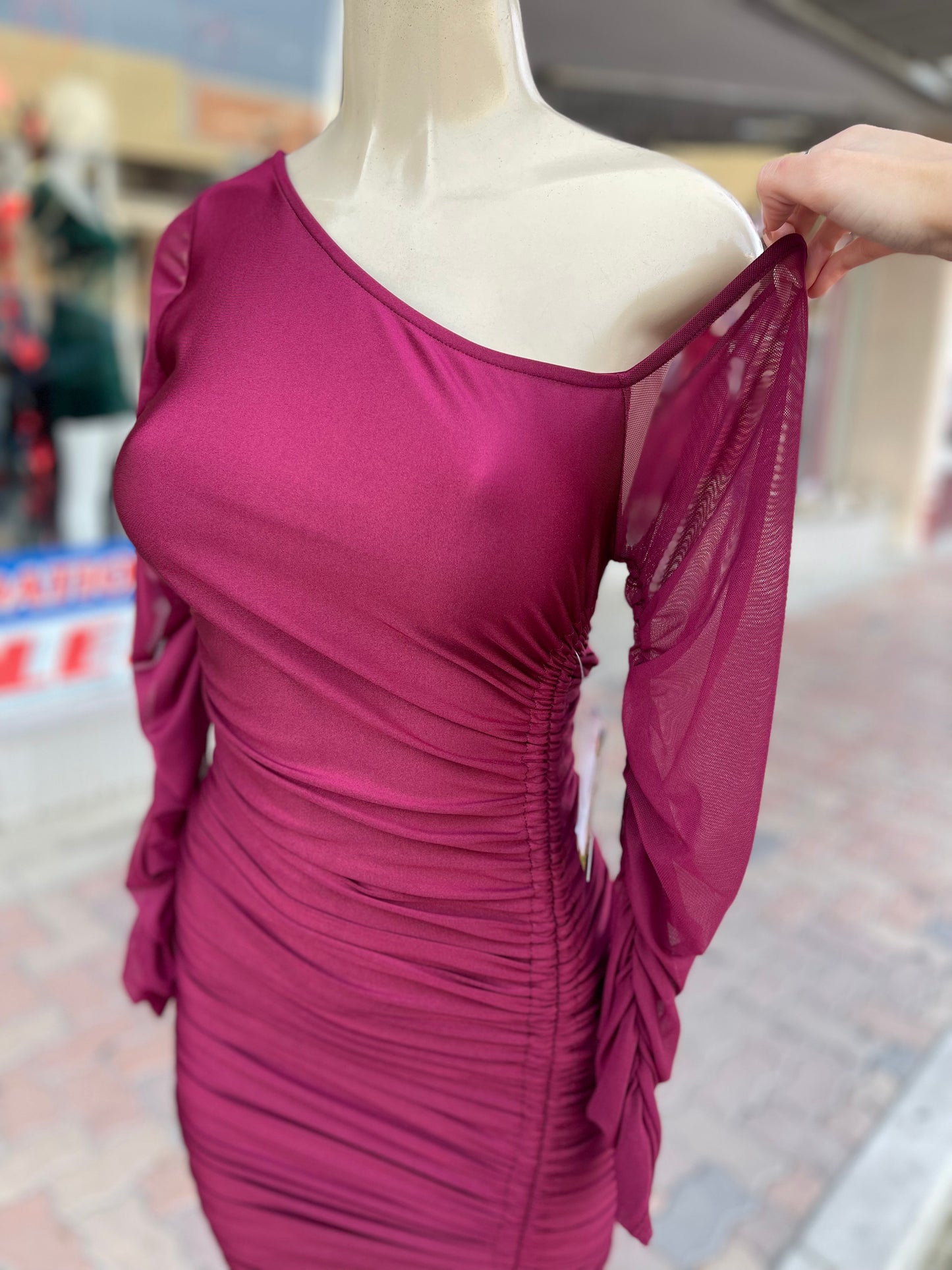 #G-505 One Shoulder long Sleeve Mini Dress Burgundy