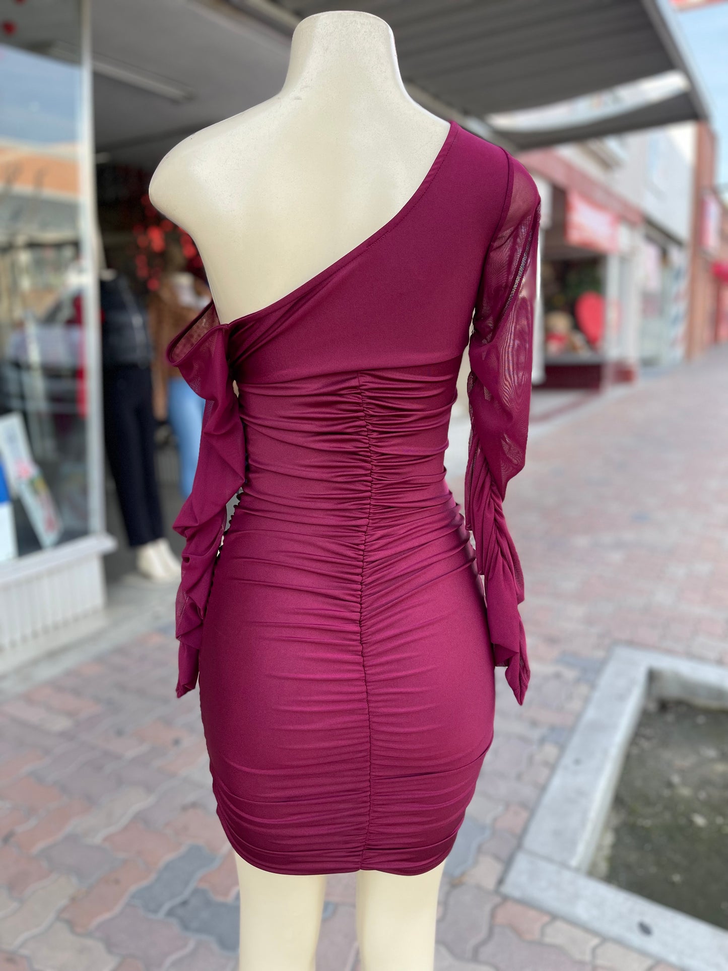 #G-505 One Shoulder long Sleeve Mini Dress Burgundy