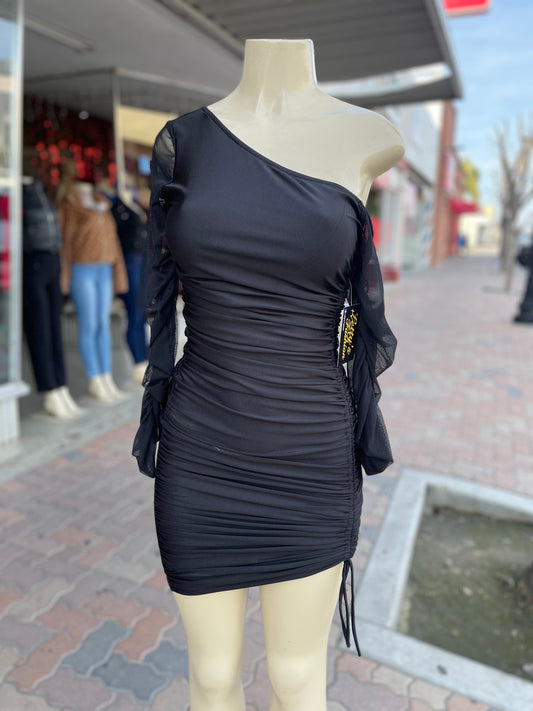 #G-505 One Shoulder Long Sleeve Mini Dress Black