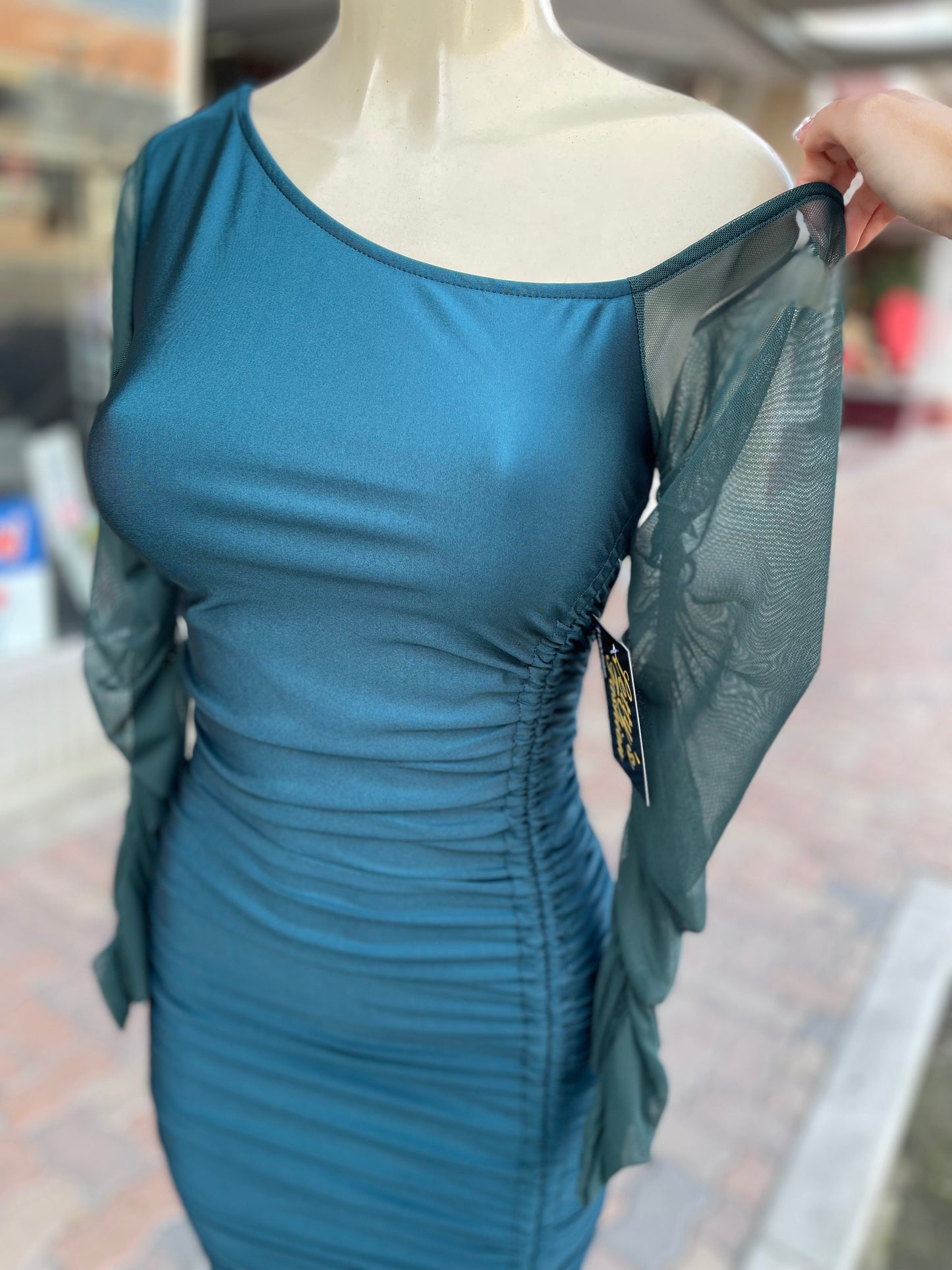 #G-505 One Shoulder Long Sleeve Mini Dress green