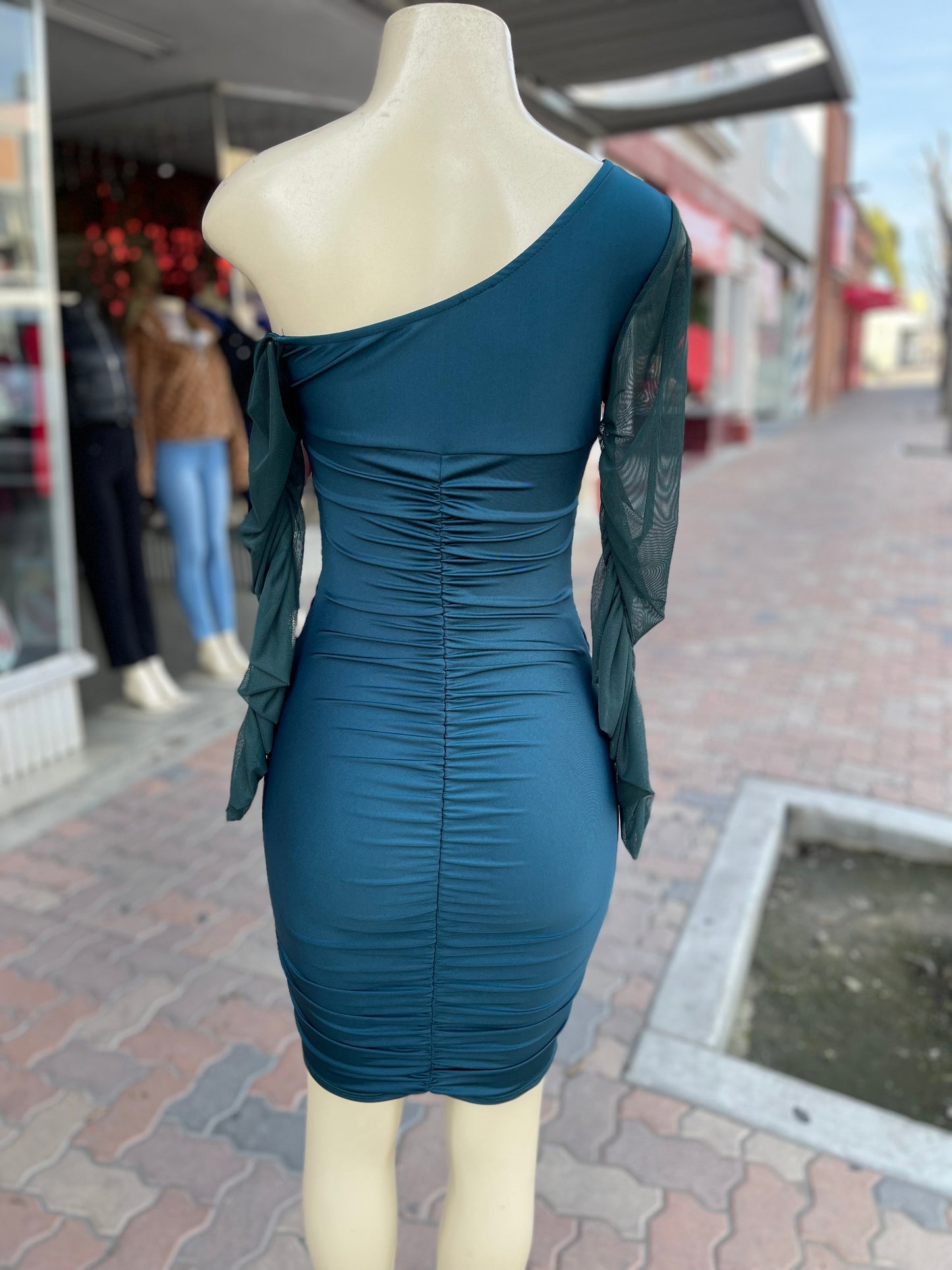 #G-505 One Shoulder Long Sleeve Mini Dress green