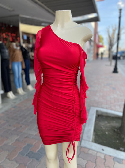 #G-505 One Shoulder Long  Sleeve Mini Dress red