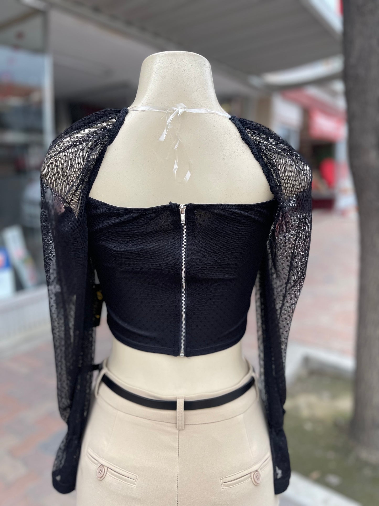 #MT3646 Black Long Sleeve Mesh Crop top